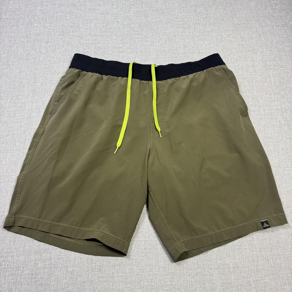 PrAna Performance Gym Shorts Men XL Green Polyester Spandex Drawstring 9" Inseam
